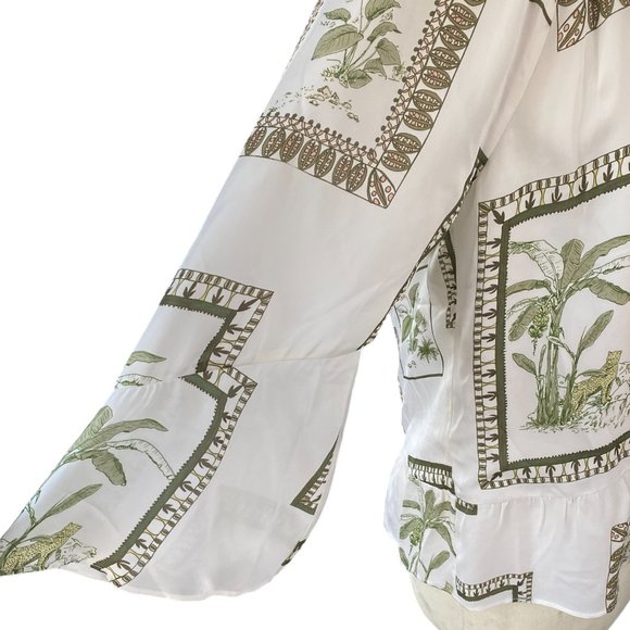 NWT Ecru Bellucci Tropical Postcard Bar Detail Animal Print Indie Ruffle Top-L - Picture 7 of 16